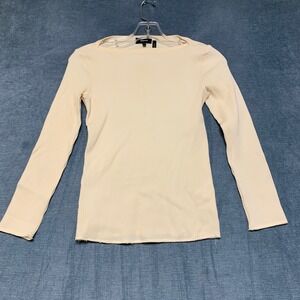 Theory Ribbed Knit Top Womens Small Cream Casual Chic Capsule Wardrobe Boat Neck